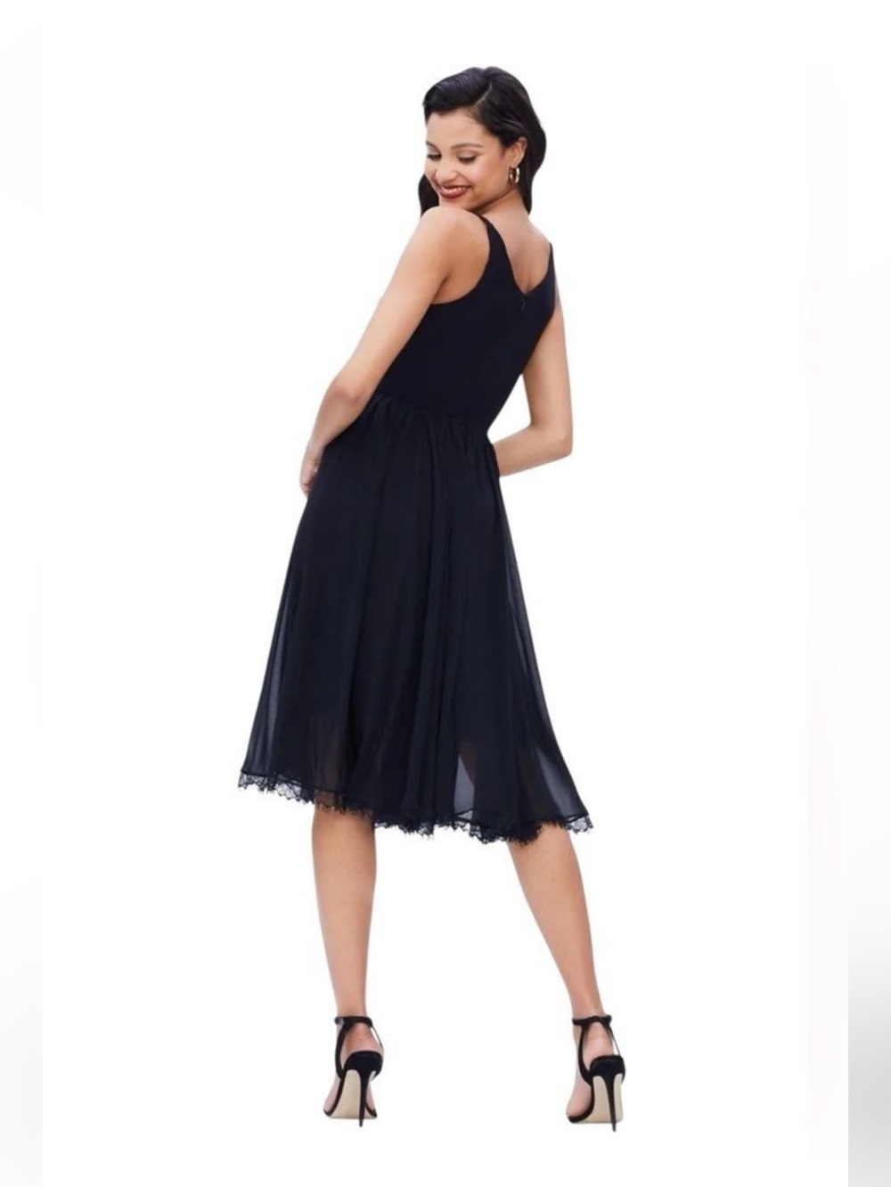 Dress the Population Alicia Dress Black Chiffon Midi Twirl V-Neck Size S - Picture 3 of 15
